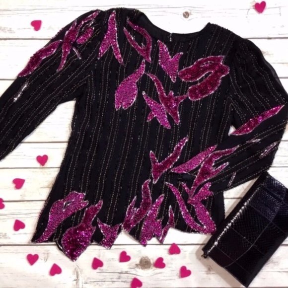 Vintage Art To Wear Sequin Beaded Black Pink Top - Picture 2 of 8